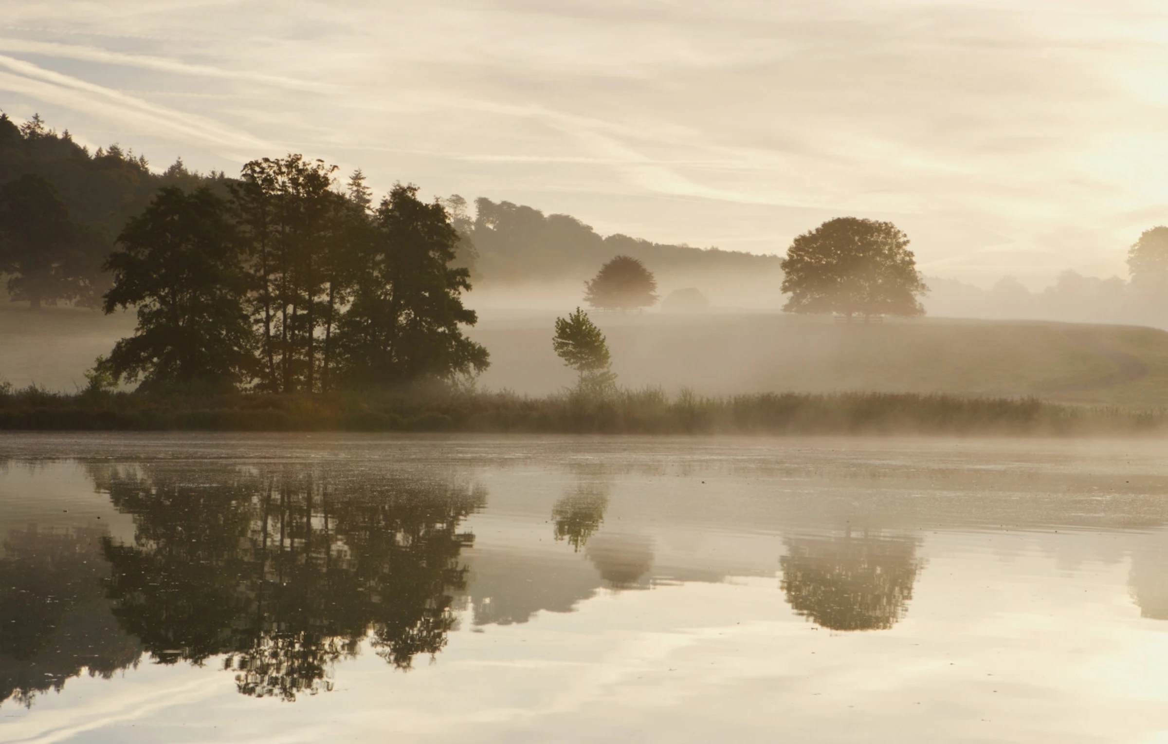 Misty trees and grassy hills reflected in a calm lake at sunrise under a cloudy sky.