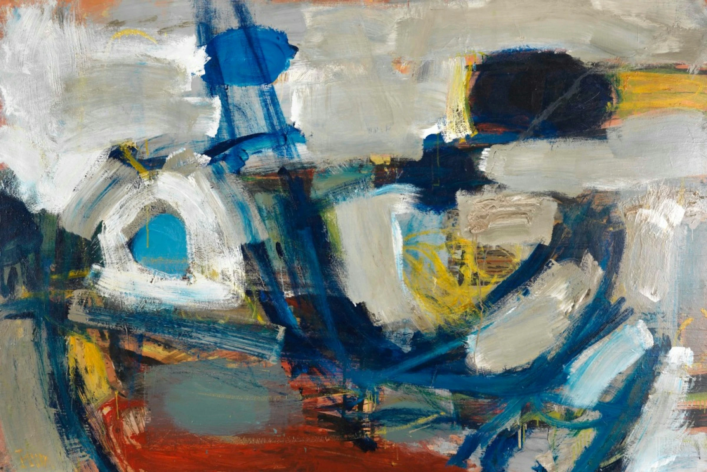Abstract painting with bold blue, white, and yellow brushstrokes, layered over a muted background with hints of red.
